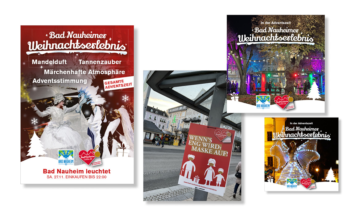 Kommunikationsmedien zum Bad Nauheimer Weihnachtserlebnis mit Plakat, Social-Media-Beiträgen und weiteren Werbemitteln im einheitlichen Gestaltungskonzept der Veranstaltung.
