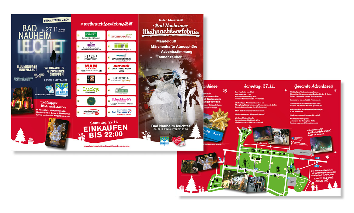 Übersicht verschiedener Kommunikationsmedien zum Bad Nauheimer Weihnachtserlebnis mit Plakaten, Programmflyern, Lageplan und Informationsmaterialien für die Weihnachtsveranstaltung.
