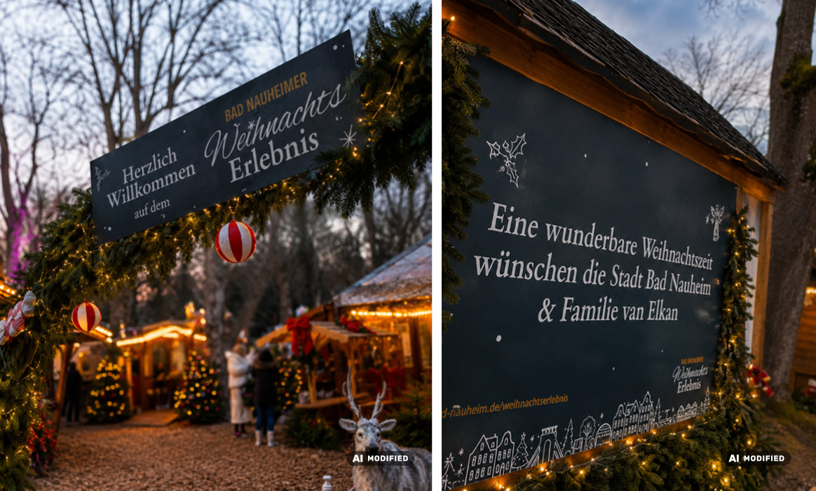 Eingangsbereich des Bad Nauheimer Weihnachtserlebnisses mit beleuchtetem Willkommensbogen, dekoriertem Marktgelände und einer großformatigen Informationstafel zur Veranstaltung.