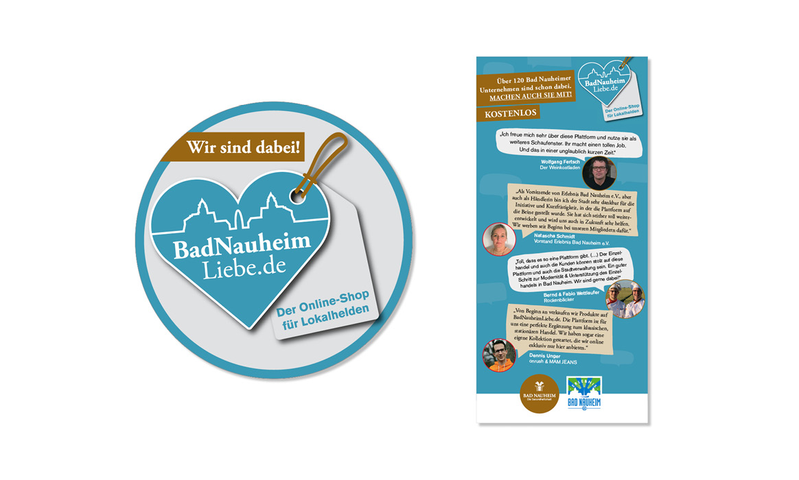 Aufkleber "BadNauheimLiebe.de Wir sind dabei!" in rund mit Logo und Rückseite eines Flyers mit Zitaten von Händlern zur Plattform.