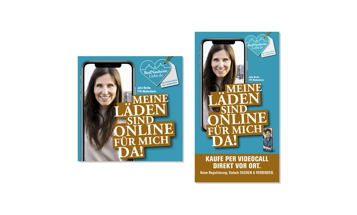 Kommunikationsmedien der BadNauheimLiebe Kampagne "Meine Läden sind online für mich da!" mit Bild der Moderatorin Julia Nestle auf einem Smartphone und einem weiteren Smartphone mit einer männlichen Person.