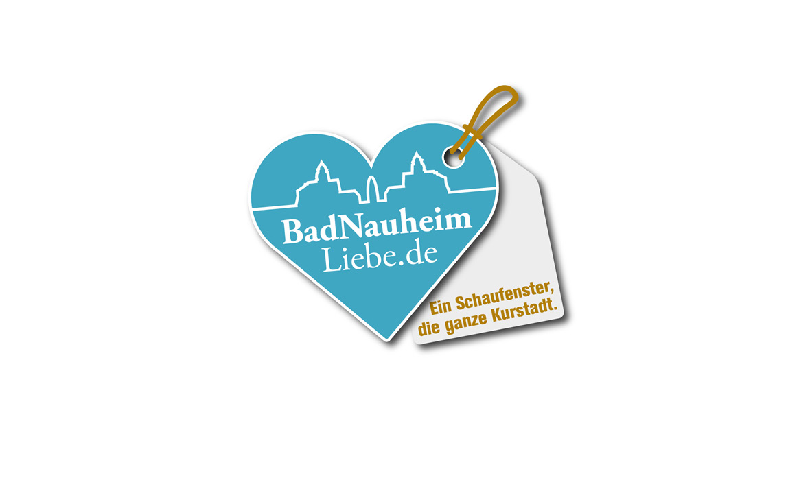 Logo der Plattform „BadNauheimLiebe“ in Herzform mit Stadtsilhouette sowie einem Anhänger mit dem Schriftzug „Ein Schaufenster, die ganze Kurstadt.“