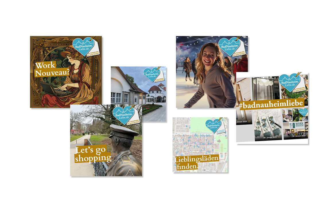 Social Media Post Übersicht der Plattform „BadNauheimLiebe“ mit mehreren Motiven.