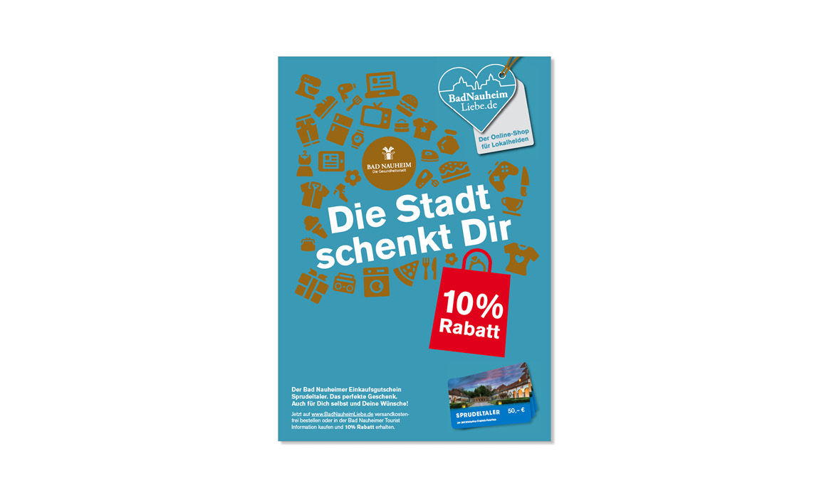 Plakat der Plattform „BadNauheimLiebe“ zur Rabattaktion „Die Stadt schenkt Dir 10 % Rabatt“ mit einem Gutschein für den Sprudeltaler.