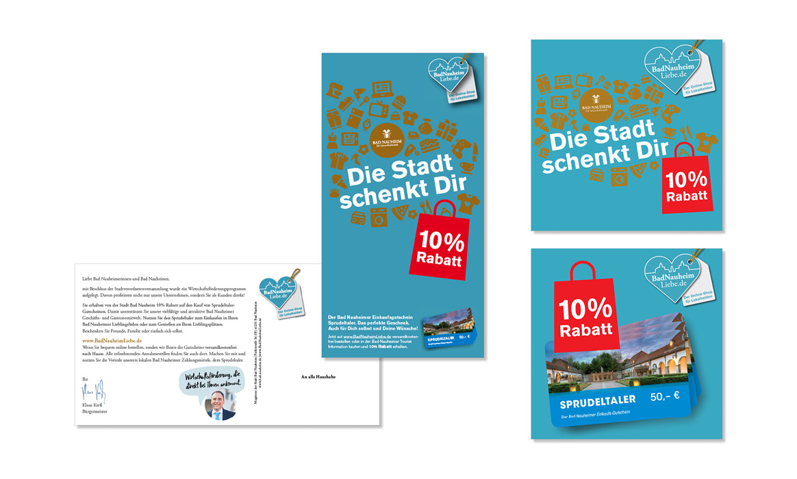 Kommunikationsmedien der Plattform „BadNauheimLiebe“ zur Rabattaktion „Die Stadt schenkt Dir 10 % Rabatt“ mit Plakat, Gutschein, Postkarte und Informationsflyer zum Sprudeltaler.