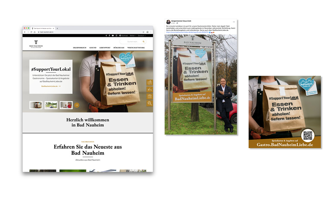 Kommunikationsmedien der Plattform „BadNauheimLiebe“ mit Website, Plakat, City-Light-Poster und Social-Media-Beitrag zur Kampagne „#SupportYourLokal“ für Gastronomiebetriebe.