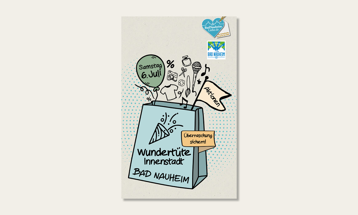 Plakat der Plattform „BadNauheimLiebe“ zur Aktion „Wundertüte Innenstadt“ mit einer illustrierten Einkaufstüte, dem Hinweis „Überraschung sichern!“ sowie dem Aktionsdatum „Samstag, 6. Juli“.