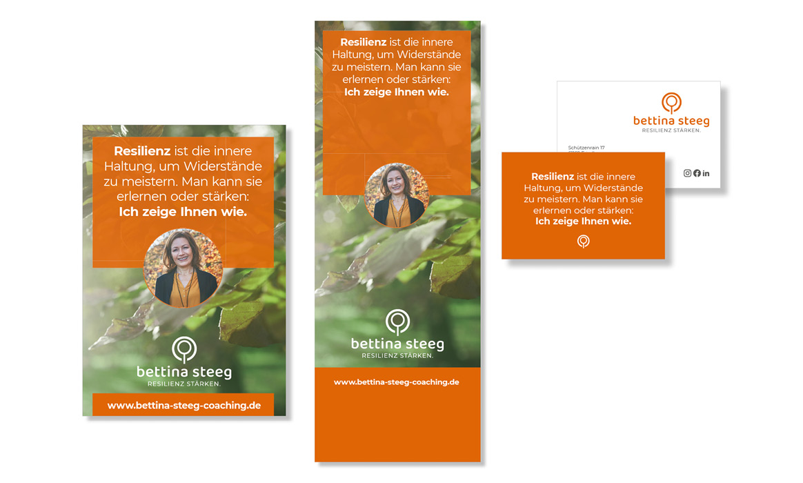 Gestaltungsbeispiele der Marke Bettina Steeg mit Roll-up, Broschüre, Visitenkarte und weiteren Werbemitteln im Corporate Design.