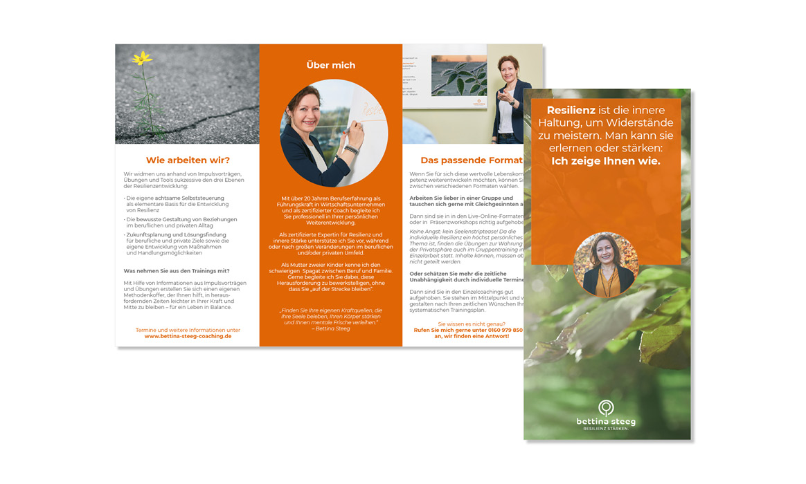 Geschäftsausstattung von Bettina Steeg mit Broschüre, Roll-up und weiteren Printmedien im Corporate Design der Marke.