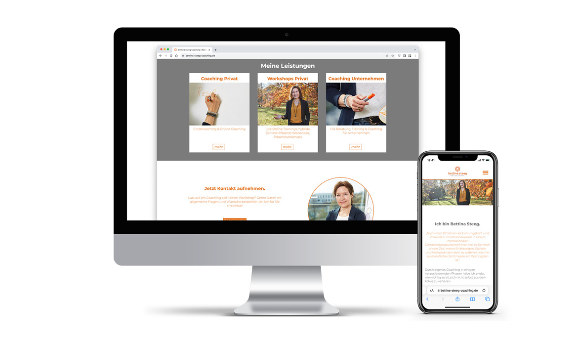 Unterseite der Website von Bettina Steeg als responsives Mockup auf Desktop-Monitor und Smartphone mit Leistungsübersicht, Porträtfotografien und Informationen zu Coaching- und Beratungsangeboten.