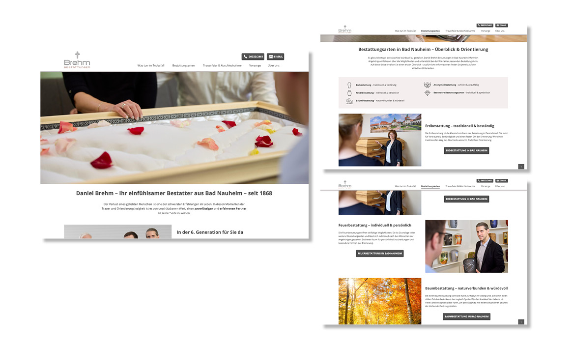 Unterseite der Website von Bestattungen Brehm als responsives Mockup auf Desktop-Monitor und Smartphone mit Informationen zu Bestattungsleistungen und Vorsorge.