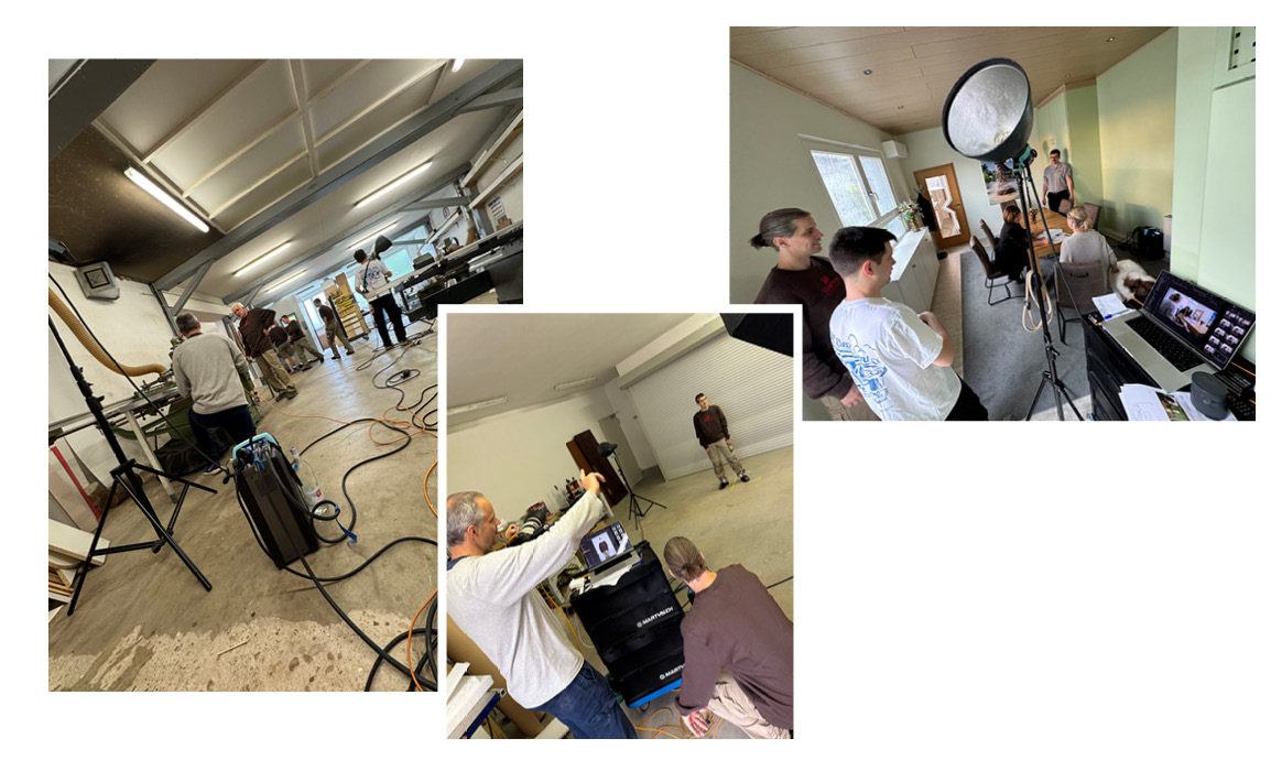 Businessfotografie der Schreinerei Brehm mit einer Fotoshooting-Situation in der Werkstatt. Sichtbar sind ein Fotograf beim Arbeiten, Mitarbeitende der Schreinerei sowie Kamera-, Licht- und Studioequipment.