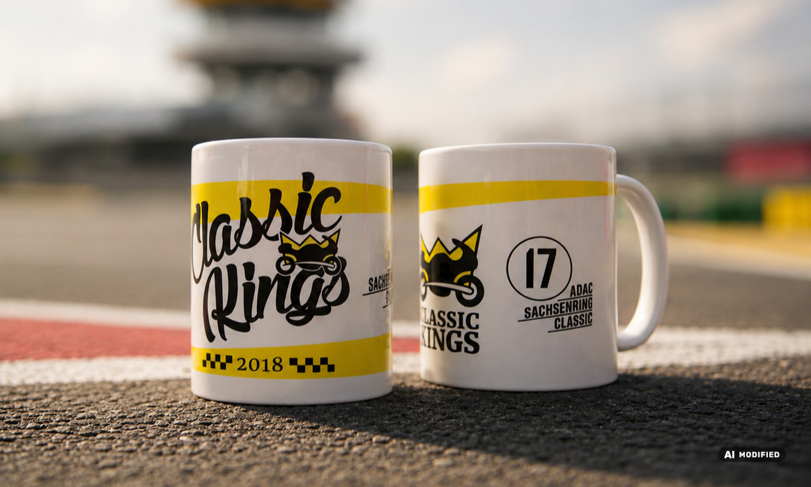 Tassen mit dem Logo „Classic Kings“ als Anwendungsbeispiel des Markenauftritts auf einer Rennstrecke.