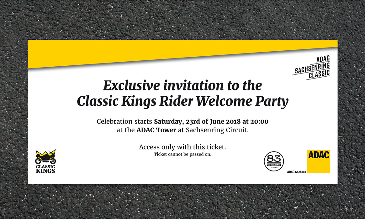 Einladungskarte zur „Classic Kings Rider Welcome Party“ mit Informationen zur Veranstaltung, dem Logo Classic Kings sowie dem Logo ADAC Sachsenring Classic.