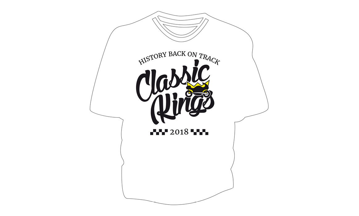 Gestaltungsentwurf eines weißen T-Shirts der Marke „Classic Kings“ mit dem Schriftzug „Classic Kings“, dem Zusatz „History Back on Track“ und „2018“ auf der Vorderseite.