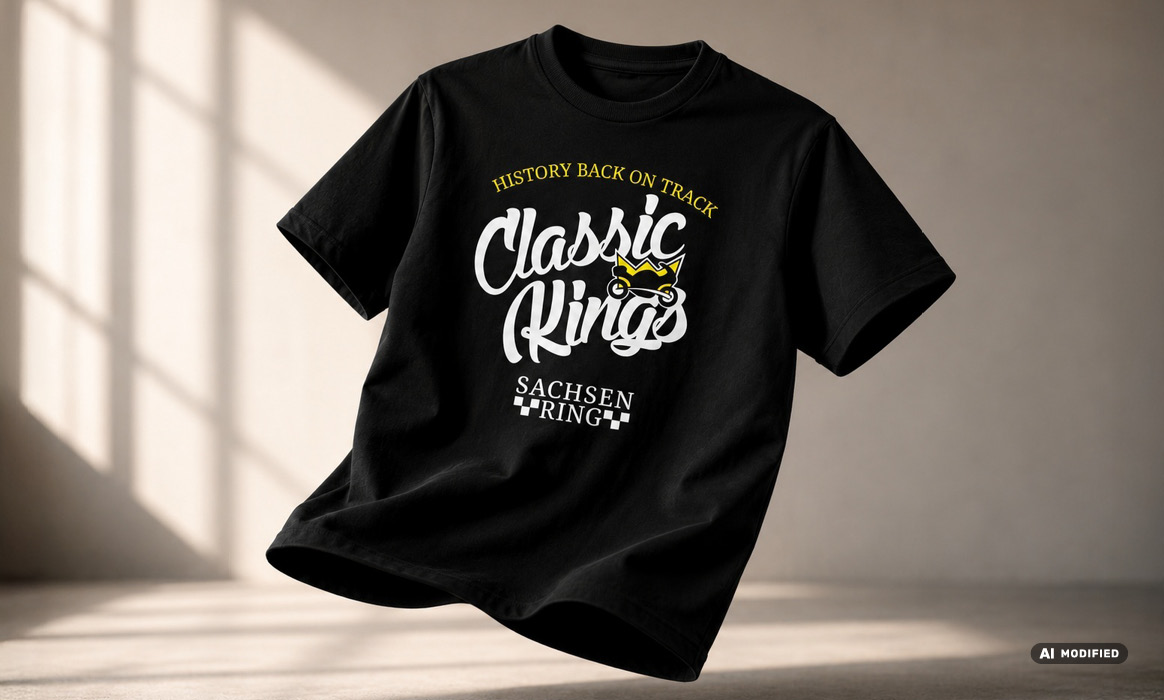 Visualisierung eines schwarzen „Classic Kings“-T-Shirts mit dem Schriftzug „Classic Kings“, dem Zusatz „History Back on Track“ und „Sachsenring“.