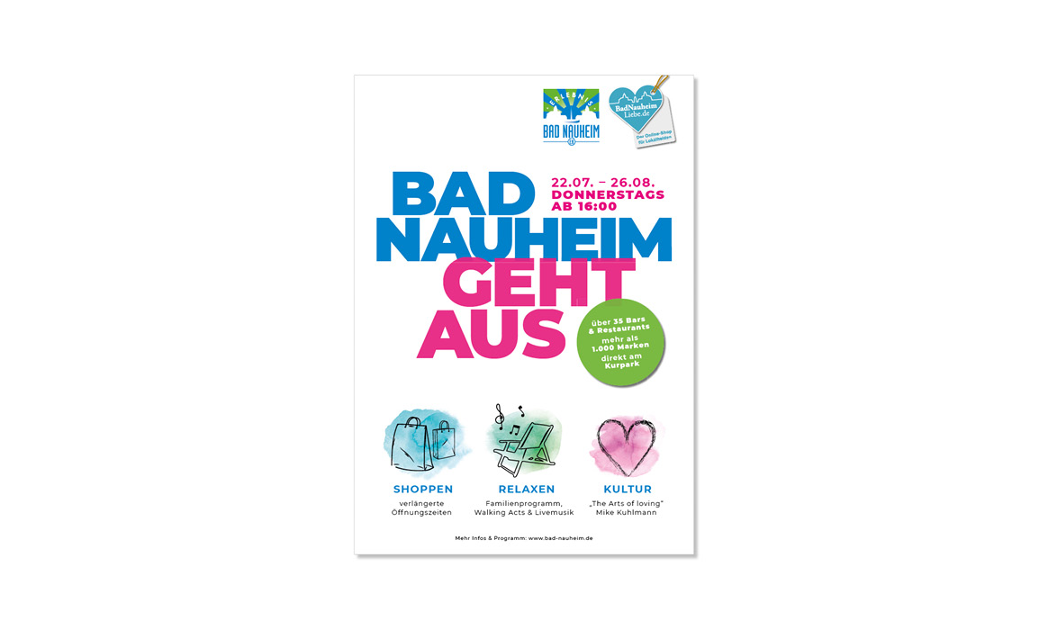 Plakat der Aktion „Bad Nauheim geht aus“ mit den Veranstaltungsdaten 22.07.–26.08., dem Hinweis „Ab 18:00 Uhr“ sowie den Themen „Shoppen“, „Relaxen“ und „Kultur“.