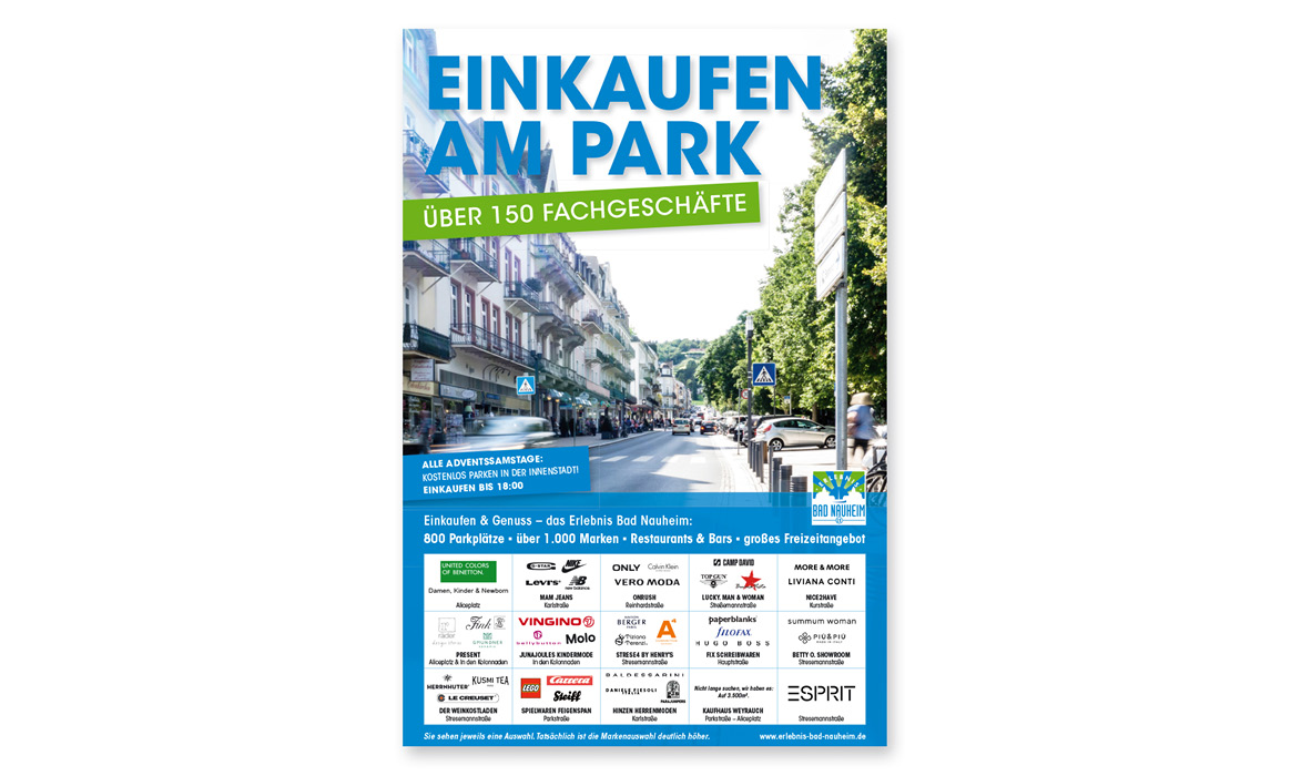 Plakat „Einkaufen am Park“ mit Informationen zu Fachgeschäften und Bild der Parkstraße, sowie Gestaltungselementen im Corporate Design von Erlebnis Bad Nauheim.