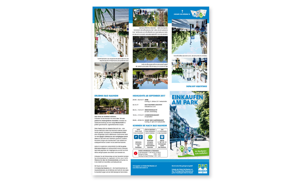 Flyer „Einkaufen am Park“ aufgefächert mit Detailansicht von Fotos, die Bad Nauheim zeigen.