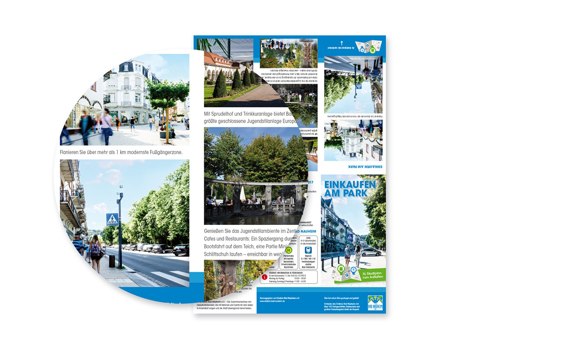 Flyer „Einkaufen am Park“ aufgefächert mit Detailansicht von Fotos, die Bad Nauheim zeigen.