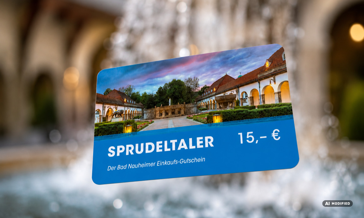 Sprudeltaler-Gutschein der Initiative Erlebnis Bad Nauheim im Wert von 15 €, fotografiert vor dem Sprudelhof in Bad Nauheim.