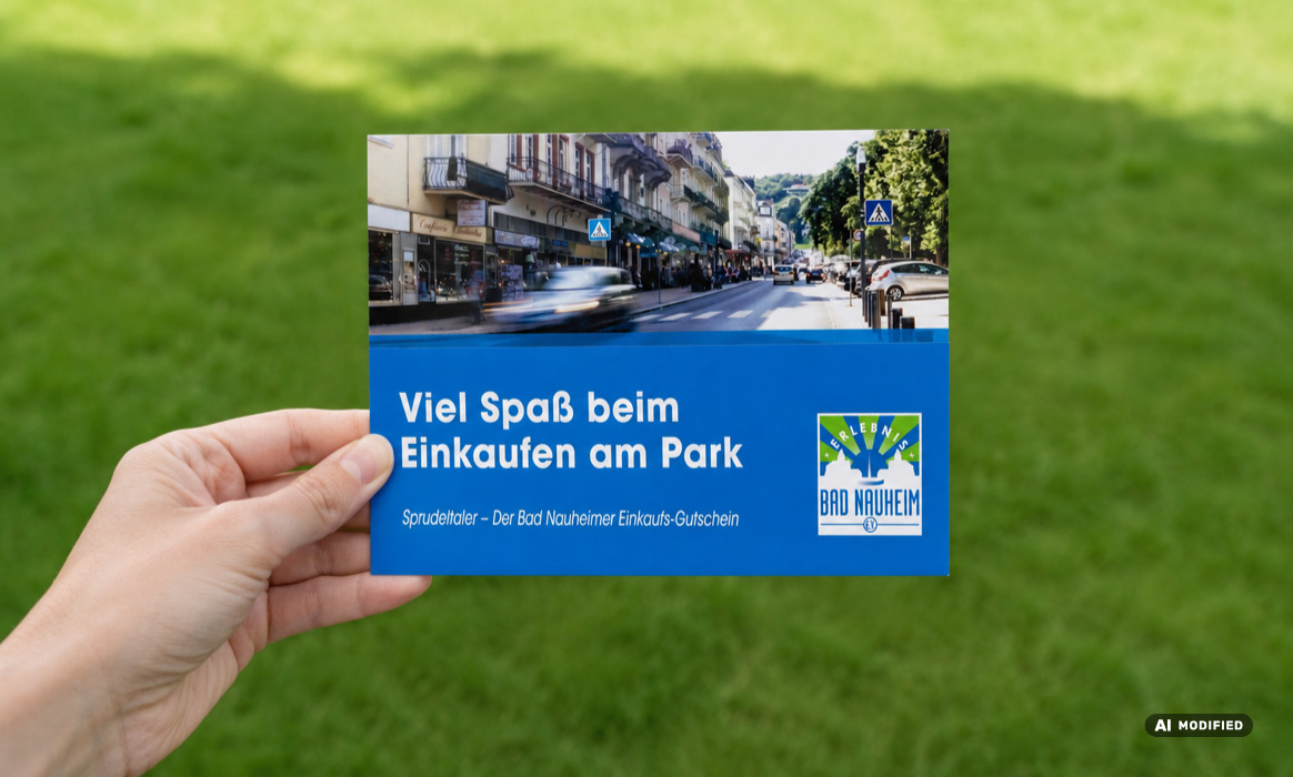 Flyer zum Sprudeltaler-Gutschein mit dem Titel „Viel Spaß beim Einkaufen am Park“, gehalten vor unscharfem Hintergrund mit Wiese.
