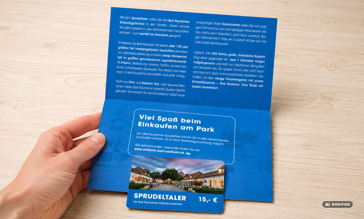 Geöffneter Flyer zum Sprudeltaler-Gutschein mit Informationen zur Gutscheinaktion sowie eingelegtem Sprudeltaler im Wert von 15 €.