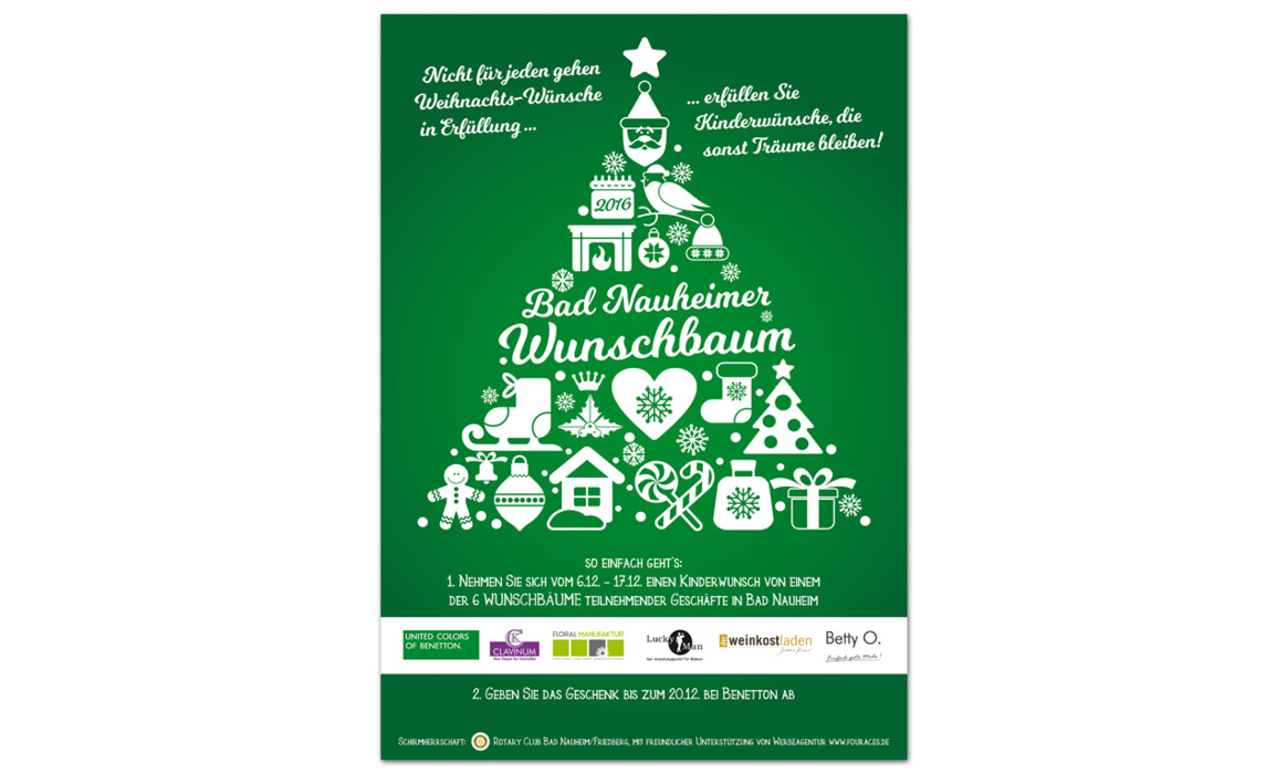 Plakat der Aktion „Bad Nauheimer Wunschbaum“ mit Informationen zur Weihnachtsaktion, Wunschzetteln und Unterstützung regionaler Einrichtungen.