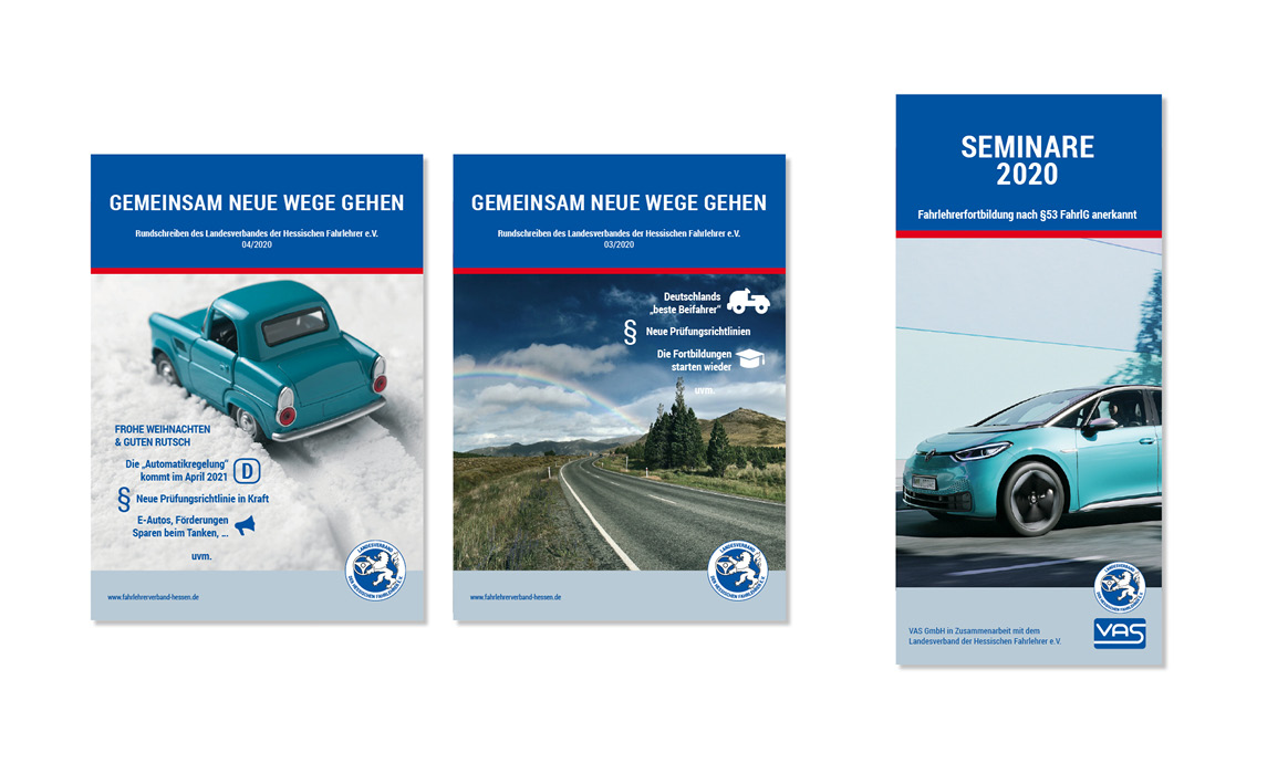 Übersicht verschiedener Printmedien des Landesverbands der Hessischen Fahrlehrer e. V. mit Broschüren und Seminarprogramm im einheitlichen Corporate Design.
