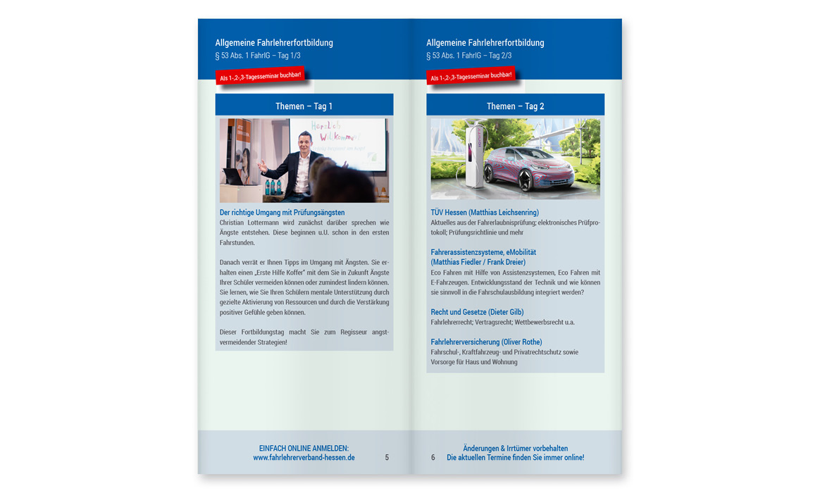 Doppelseite einer Seminarbroschüre des Landesverbands der Hessischen Fahrlehrer e. V. mit Seminarübersicht, Fotos und Veranstaltungsinformationen.