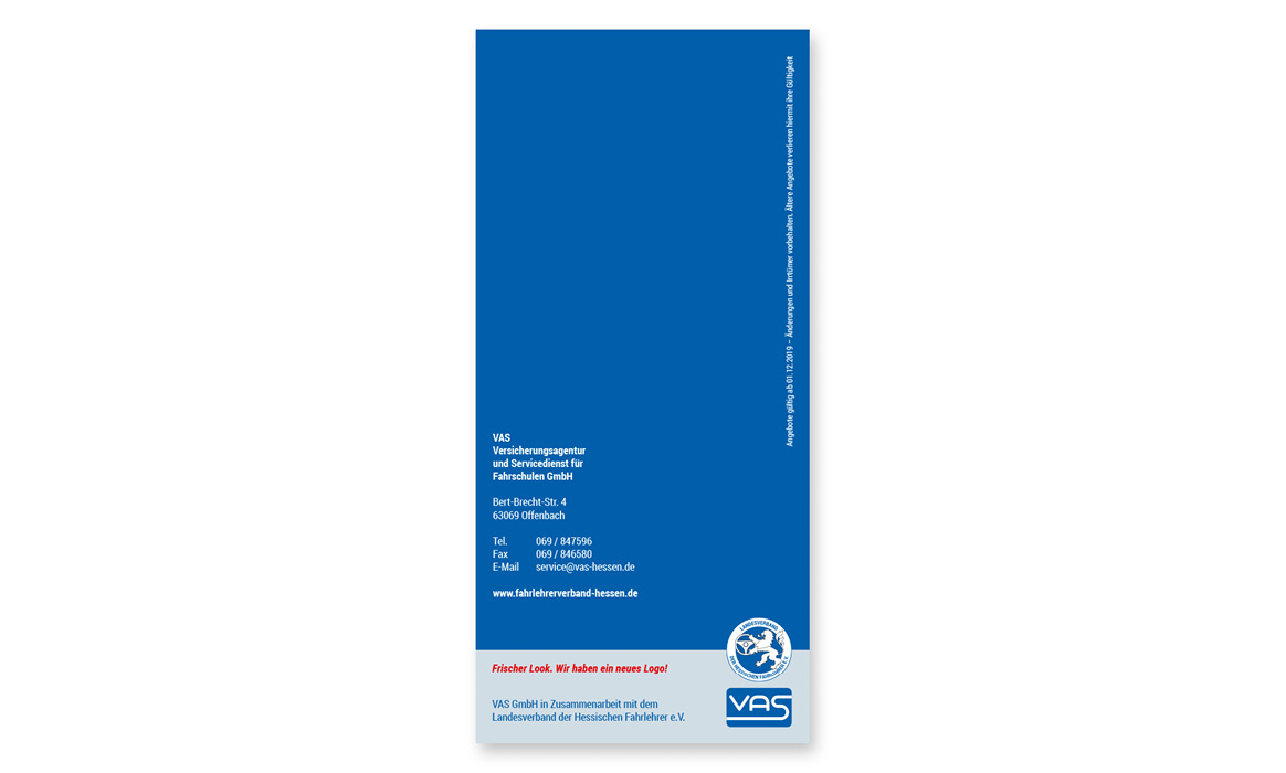 Rückseite der Seminarbroschüre 2020 des Landesverbands der Hessischen Fahrlehrer e. V. mit Kontaktinformationen und Verbandslogo.