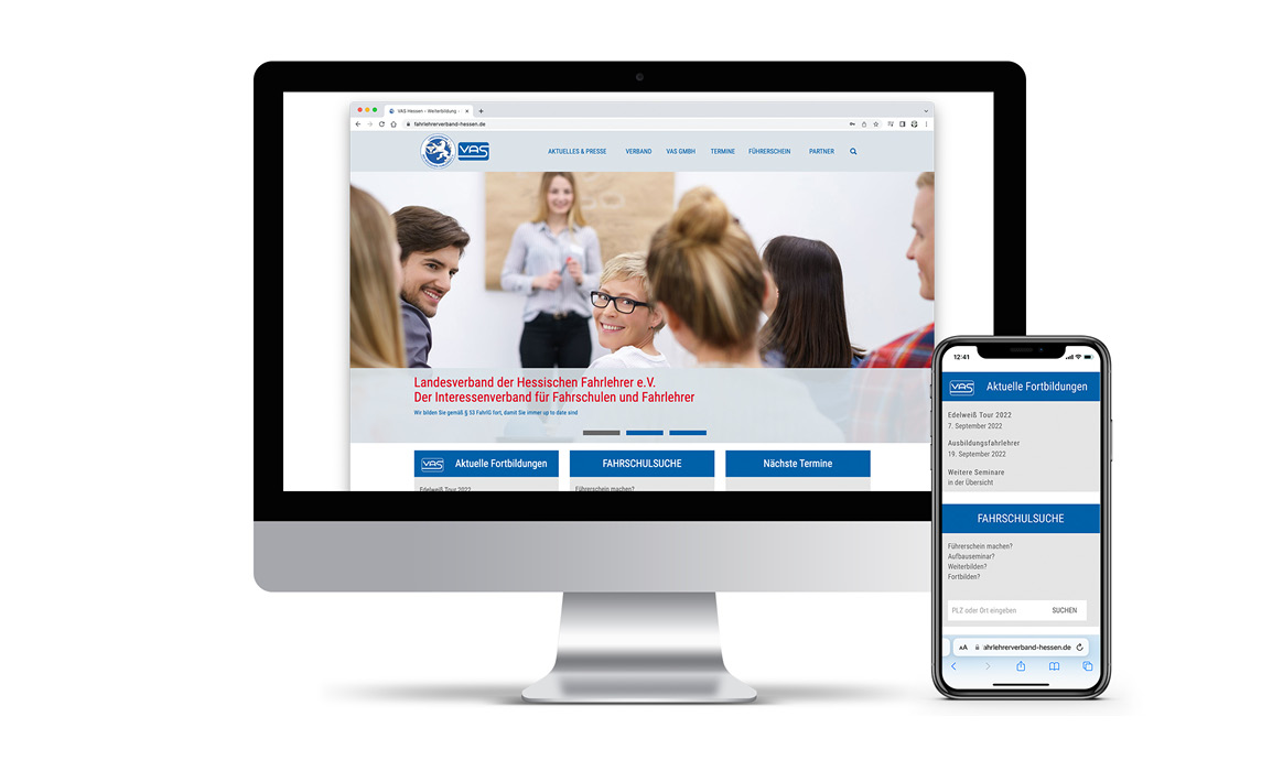 Responsive Website des Landesverbands der Hessischen Fahrlehrer e. V. auf Desktop-Monitor und Smartphone mit Startseite, Hauptnavigation und Anmeldebereich für Mitglieder.