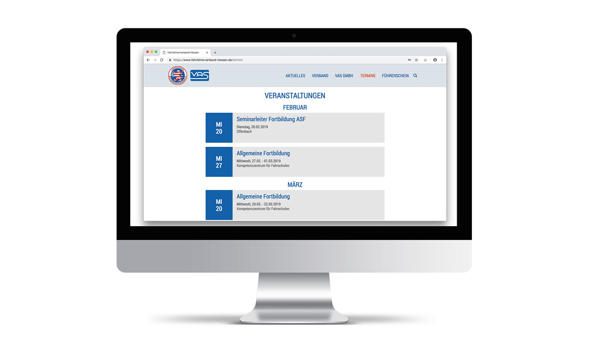Unterseite der Website des Landesverbands der Hessischen Fahrlehrer e. V. mit Veranstaltungs- und Seminarübersicht auf einem Desktop-Monitor.
