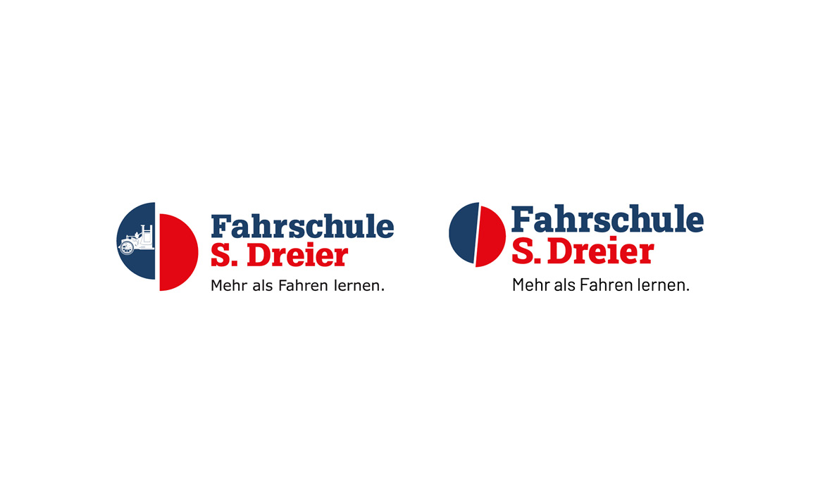Vergleich zweier Logo-Varianten der Fahrschule S. Dreier mit unterschiedlichen Signets und der Wortmarke „Fahrschule S. Dreier – Mehr als Fahren lernen.“