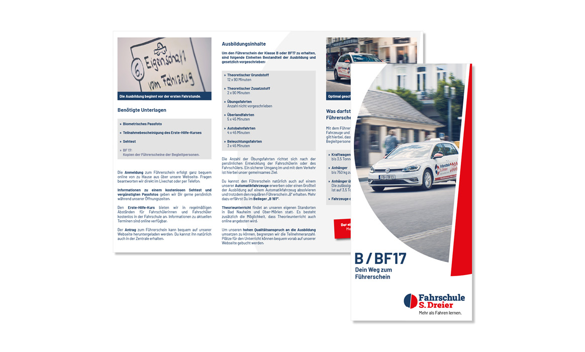 Titelseite und Innenseiten einer Ausbildungsbroschüre der Fahrschule S. Dreier für die Führerscheinklasse B/BF17 mit Informationen zum Ausbildungsablauf und Fahrschulfahrzeug.