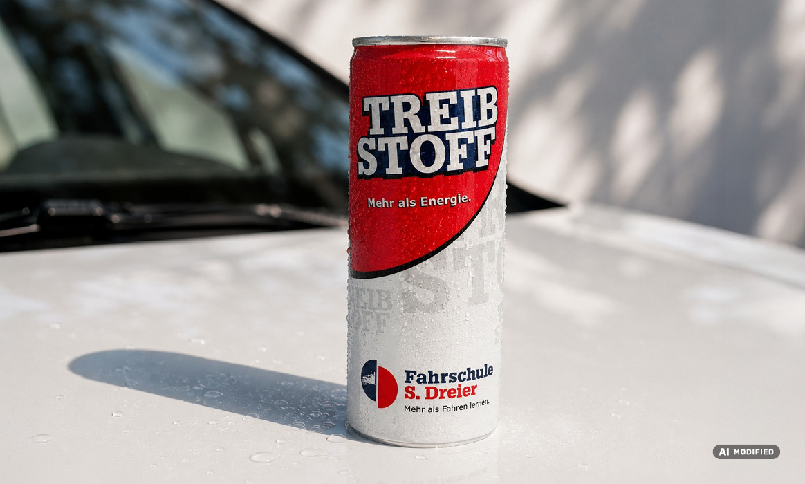 Getränkedose mit der Aufschrift „TREIBSTOFF – Mehr als Energie.“ und dem Logo der Fahrschule S. Dreier auf der Motorhaube eines Fahrzeugs.