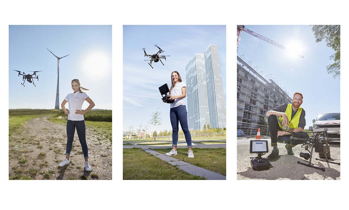 Collage mit drei Businessfotografien von FlyNex: Drohneneinsatz vor Windkraftanlagen, vor Bürogebäuden und auf einer Baustelle.