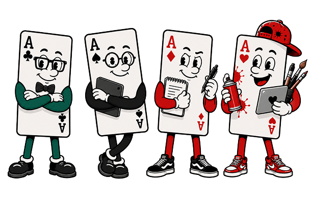 four aces Asse als Figuren stehen nebeneinander: Kreuz Ass mit Brille, Pik Ass mit Tablet, Pik Ass mit Block und Stift, Herz Ass mit Sprühdose, Tablet und Pinseln