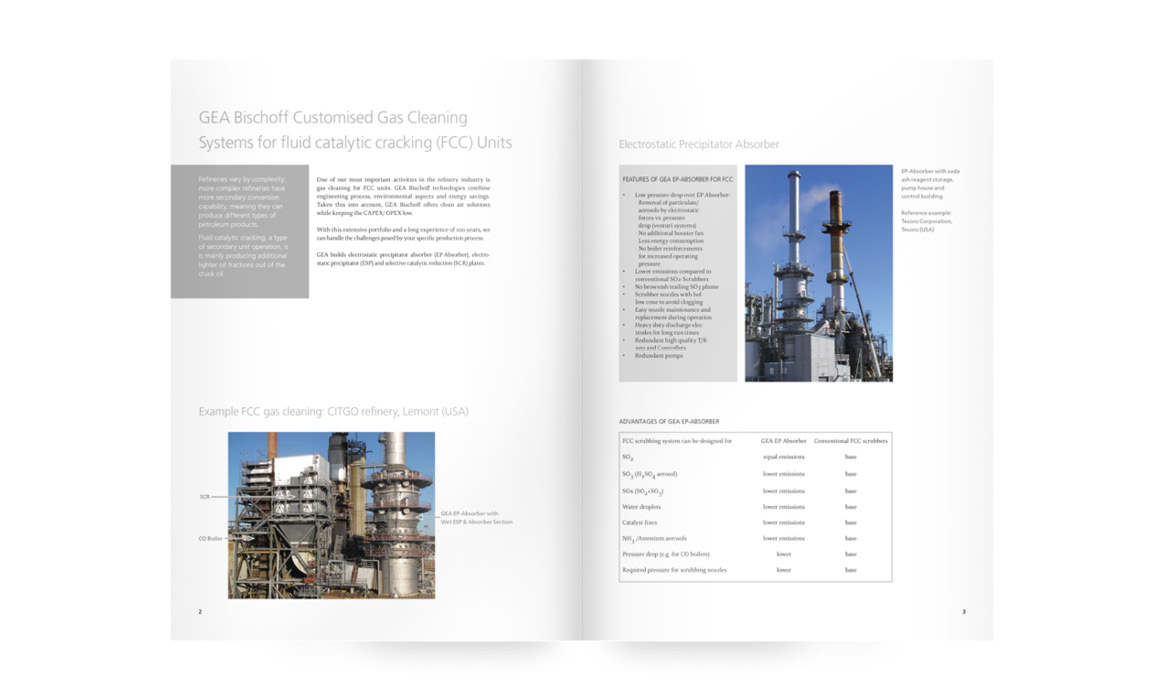 Geöffnete Produktbroschüre von GEA mit technischen Informationen, Abbildungen von Industrieanlagen und Leistungsdaten zum Customized Gas Cleaning System.