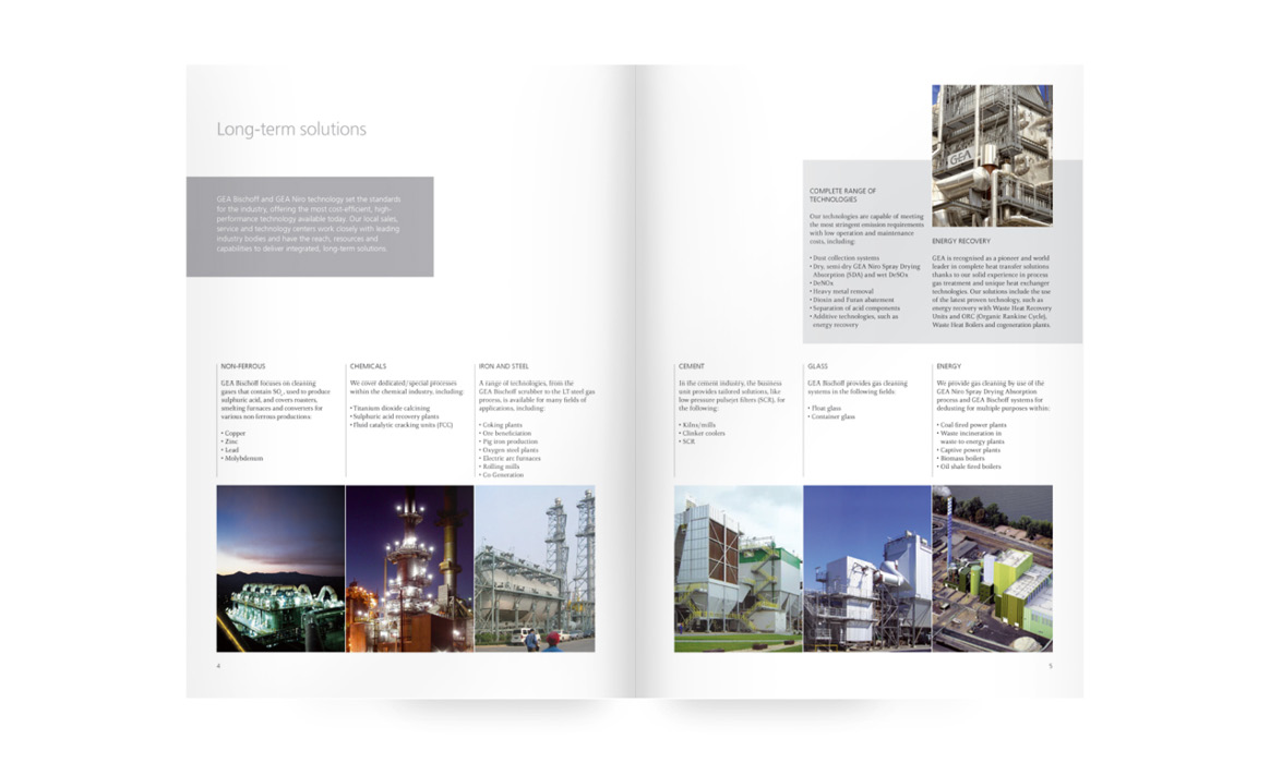 Innenseiten einer Produktbroschüre von GEA mit technischen Beschreibungen, Projektbeispielen und Fotografien von Industrieanlagen.