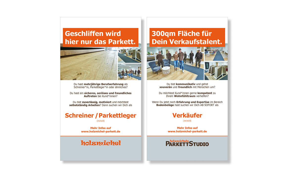 Zwei Werbeanzeigen von Holzmichel für Schreiner- und Parkettleistungen sowie Verkaufsflächen, jeweils mit Fotos, Überschriften und Kontaktdaten.
