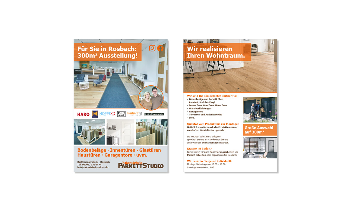 Zwei Werbeanzeigen des Holzmichel Parkettstudios mit den Überschriften „Für Sie in Rosbach: 300 m² Ausstellung“ und „Wir realisieren Ihren Wohntraum.“ sowie Informationen zu Parkett- und Bodenbelägen.