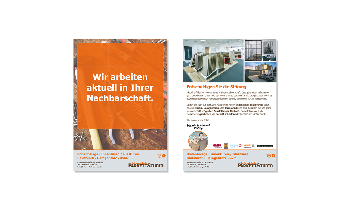 Flyer des Holzmichel Parkettstudios mit Vorder- und Rückseite. Die Vorderseite trägt die Überschrift „Wir arbeiten aktuell in Ihrer Nachbarschaft.“, die Rückseite „Entdecken Sie die Wirkung hochwertiger Böden.“ sowie Informationen zu Bodenbelägen, Serviceleistungen und Kontaktdaten.