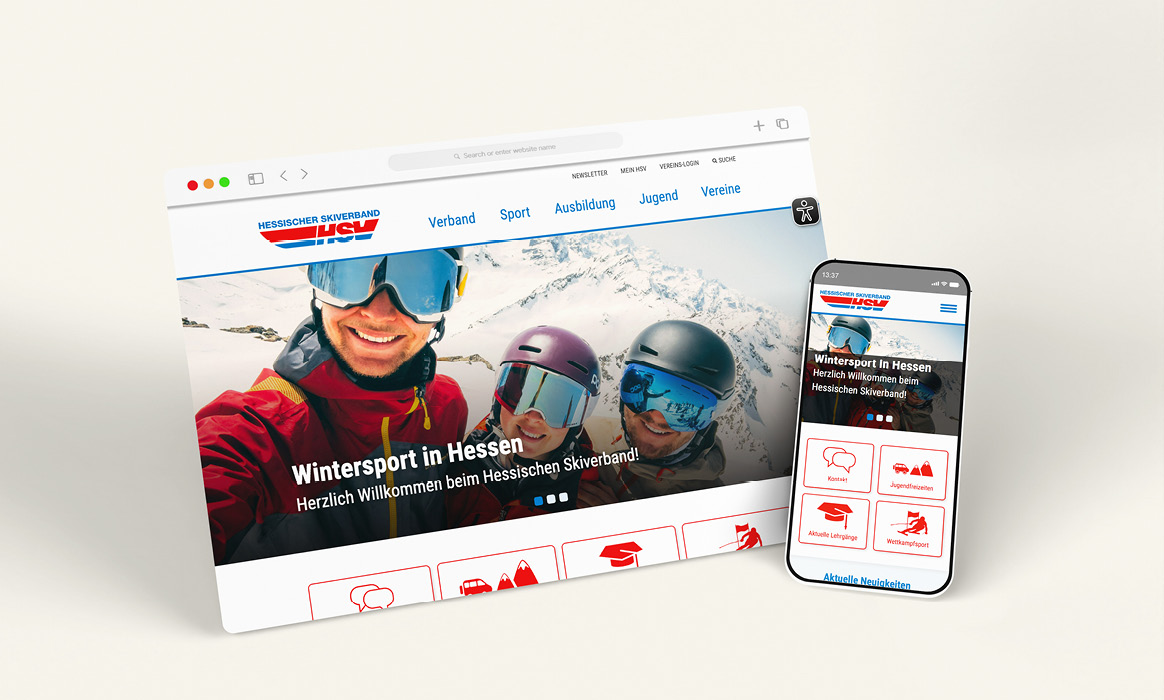 Responsive Website des Hessischen Skiverbands auf Desktop-Monitor und Smartphone mit Startseite, großem Wintersportmotiv und Hauptnavigation.