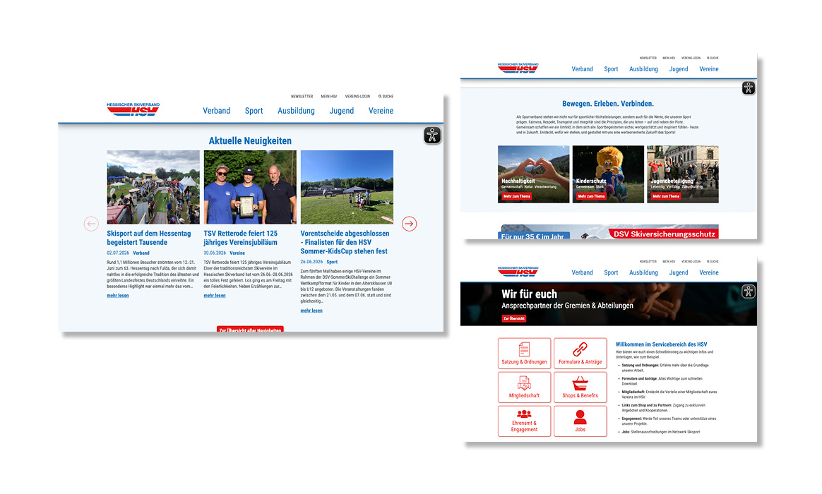 Übersicht mehrerer Unterseiten der Website des Hessischen Skiverbands mit News, Vereinsinformationen, Terminen und Servicebereichen.