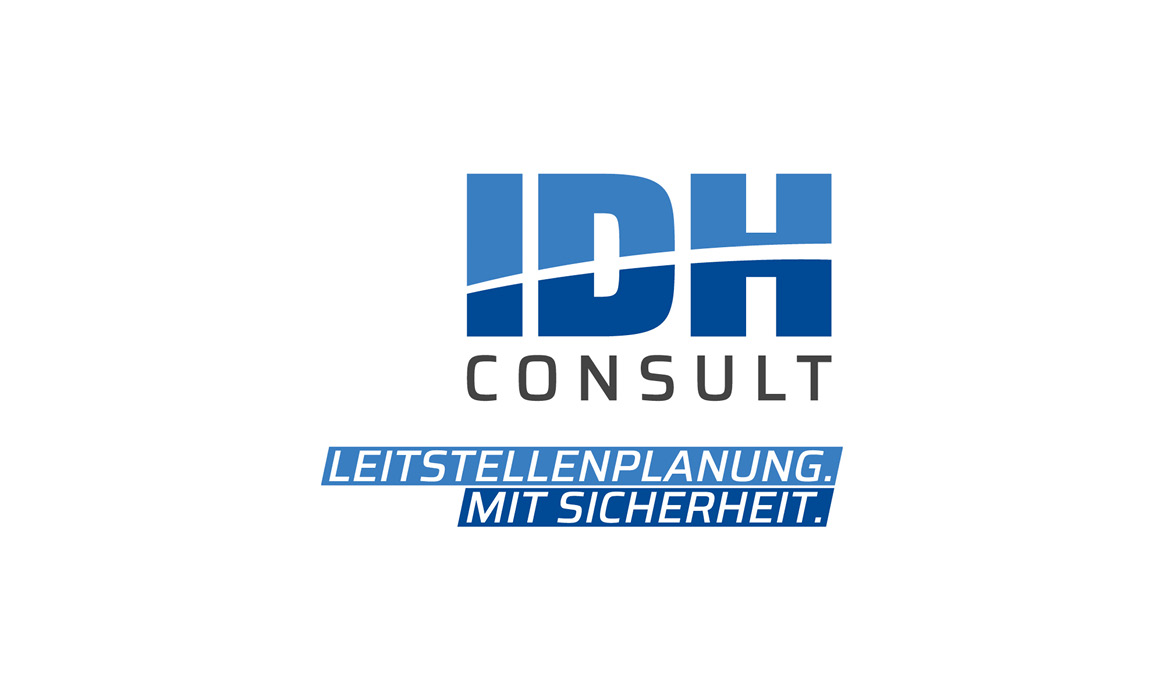 Logo von IDH Consult mit der blauen Wortmarke „IDH Consult“ und dem Slogan „Leitstellenplanung. Mit Sicherheit.“ auf weißem Hintergrund.