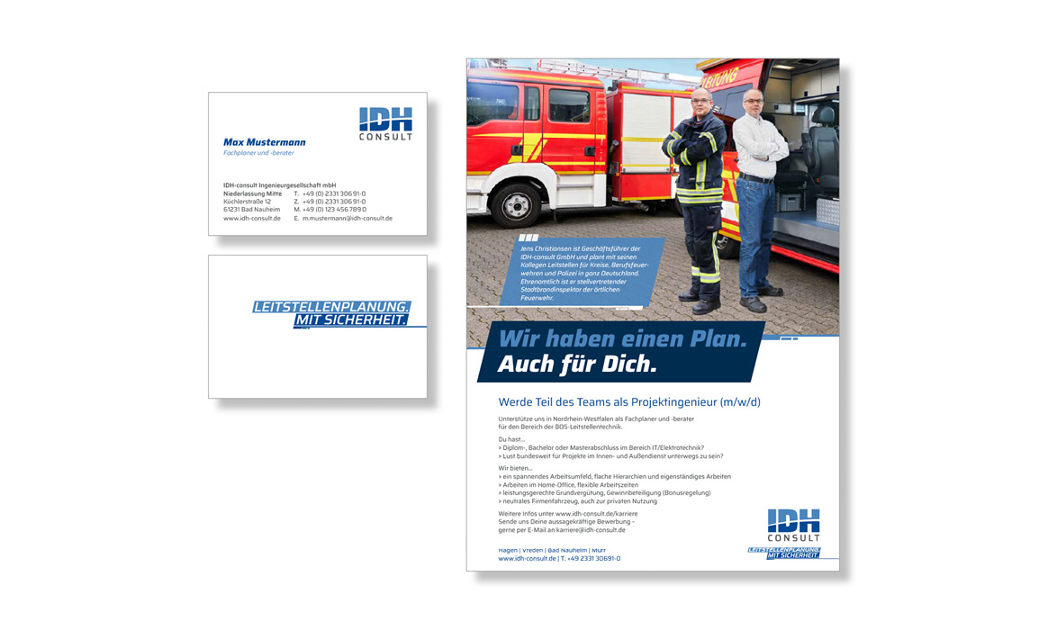 Geschäftsausstattung von IDH Consult mit Visitenkarten, Briefpapier und einer Recruiting-Anzeige im Corporate Design des Unternehmens.