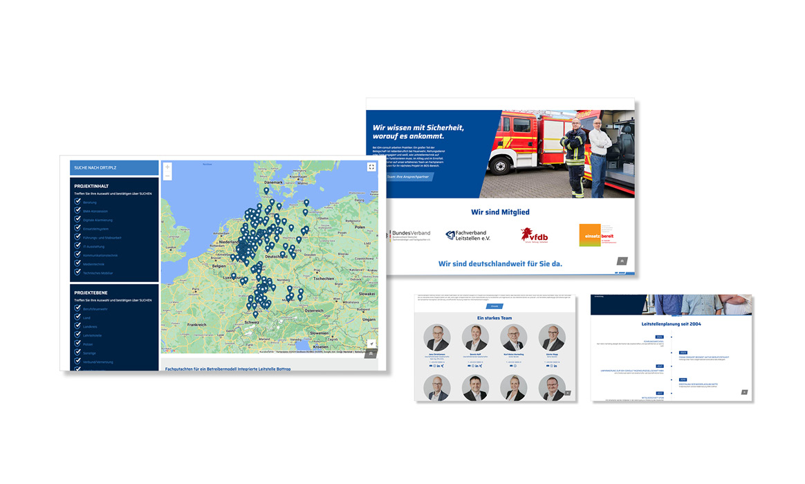 Übersicht mehrerer Unterseiten der Website von IDH Consult mit interaktiver Karte, Teamvorstellung, Referenzen und Informationen zu Leistungen.