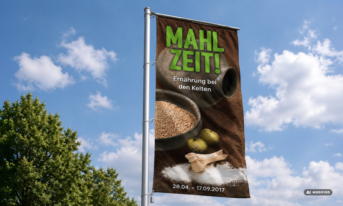 Banner der Sonderausstellung „MAHLZEIT! – Ernährung bei den Kelten“ der Keltenwelt am Glauberg an einem Fahnenmast im Außenbereich.