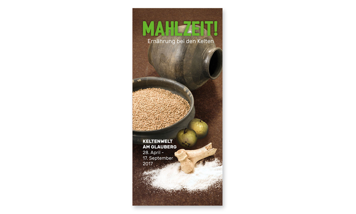 Plakat der Sonderausstellung „MAHLZEIT! – Ernährung bei den Kelten“ der Keltenwelt am Glauberg mit Getreide, Keramikgefäß und Veranstaltungszeitraum 28. April bis 17. September 2017.